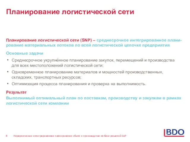 Планирование логистической сети Планирование логистической сети (SNP) – среднесрочное интегрированное плани-рование материальных