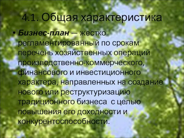 4.1. Общая характеристика Бизнес-план — жестко регламентированный по срокам перечень хозяйственных операций