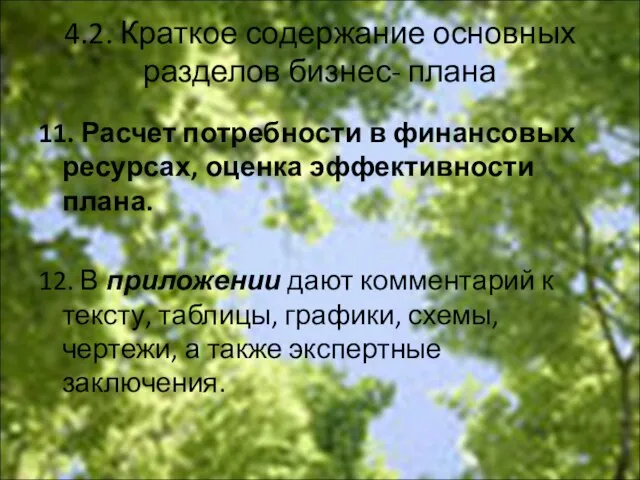 4.2. Краткое содержание основных разделов бизнес- плана 11. Расчет потребности в финансовых