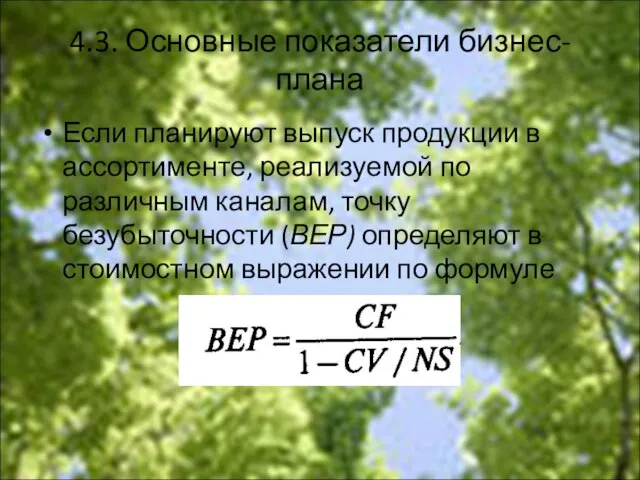 4.3. Основные показатели бизнес-плана Если планируют выпуск продукции в ассортименте, реализуемой по