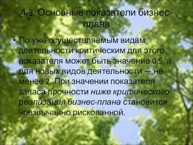 4.3. Основные показатели бизнес-плана По уже осуществляемым видам деятельности критическим для этого