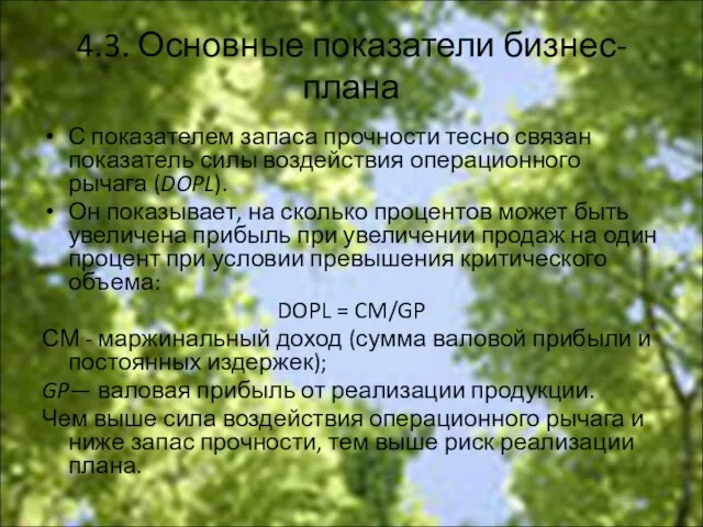 4.3. Основные показатели бизнес-плана С показателем запаса прочности тесно связан показатель силы