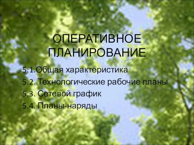 ОПЕРАТИВНОЕ ПЛАНИРОВАНИЕ 5.1.Общая характеристика 5.2. Технологические рабочие планы 5.3. Сетевой график 5.4. Планы-наряды