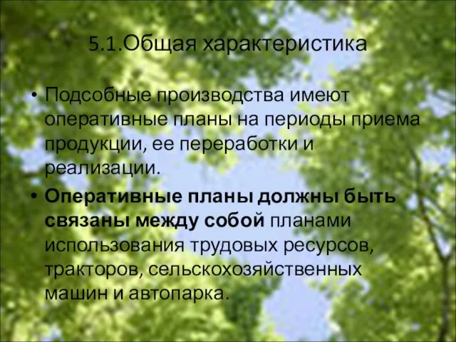 5.1.Общая характеристика Подсобные производства имеют оперативные планы на периоды приема продукции, ее