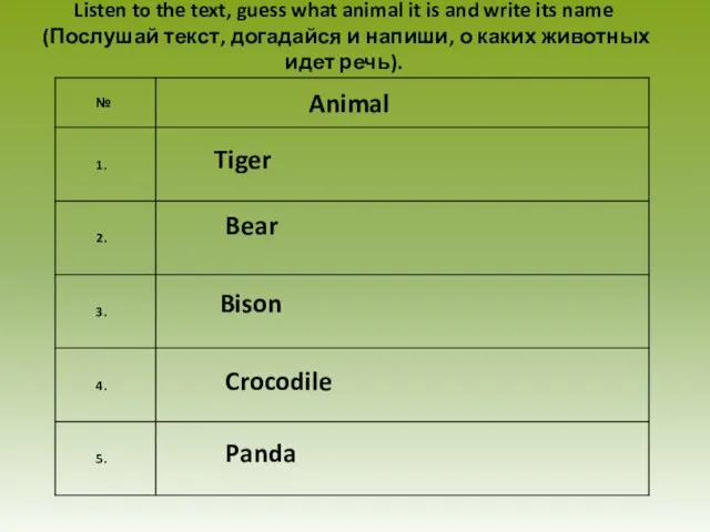 Listen to the text, guess what animal it is and write its