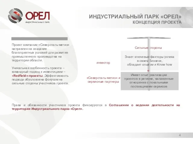 ИНДУСТРИАЛЬНЫЙ ПАРК «ОРЕЛ» КОНЦЕПЦИЯ ПРОЕКТА Проект компании «Северсталь-метиз» направлен на создание благоприятных