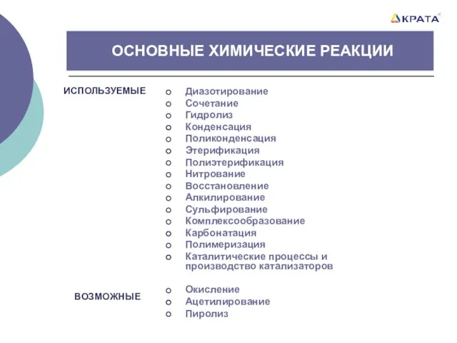 ОСНОВНЫЕ ХИМИЧЕСКИЕ РЕАКЦИИ Диазотирование Сочетание Гидролиз Конденсация Поликонденсация Этерификация Полиэтерификация Нитрование Восстановление