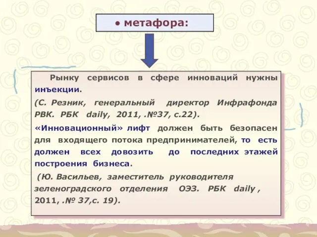 метафора: Рынку сервисов в сфере инноваций нужны инъекции. (С. Резник, генеральный директор