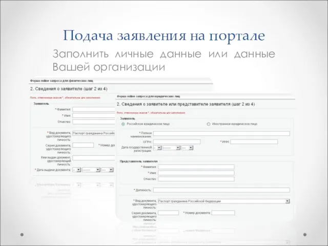 Подача заявления на портале Заполнить личные данные или данные Вашей организации