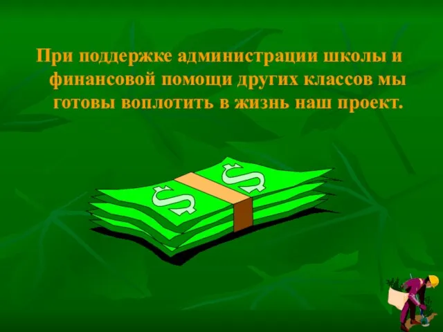 При поддержке администрации школы и финансовой помощи других классов мы готовы воплотить в жизнь наш проект.