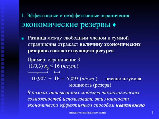 Анализ оптимального плана 1. Эффективные и неэффективные ограничения: экономические резервы ♦ Разница