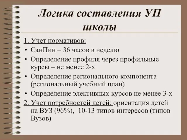 Логика составления УП школы 1. Учет нормативов: СанПин – 36 часов в