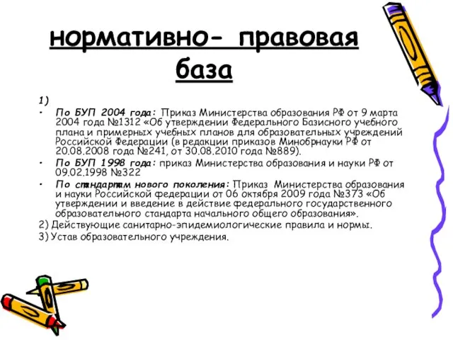 нормативно- правовая база 1) По БУП 2004 года: Приказ Министерства образования РФ