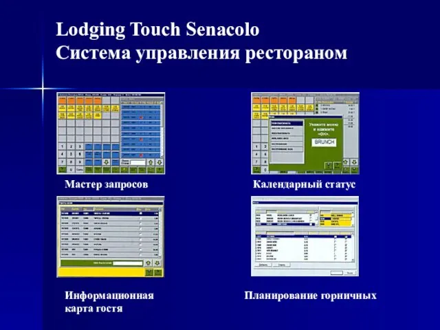 Lodging Touch Senacolo Система управления рестораном Мастер запросов Календарный статус Информационная Планирование горничных карта гостя