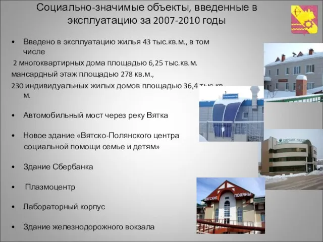 Социально-значимые объекты, введенные в эксплуатацию за 2007-2010 годы Введено в эксплуатацию жилья