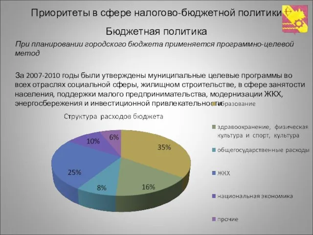 Приоритеты в сфере налогово-бюджетной политики Бюджетная политика При планировании городского бюджета применяется