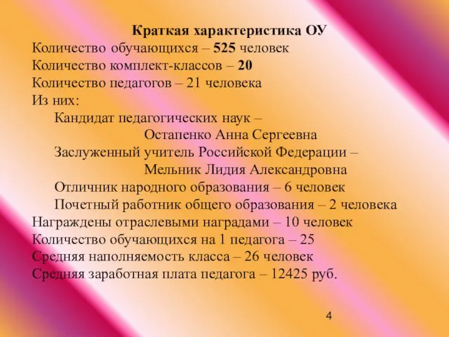 Краткая характеристика ОУ Количество обучающихся – 525 человек Количество комплект-классов – 20