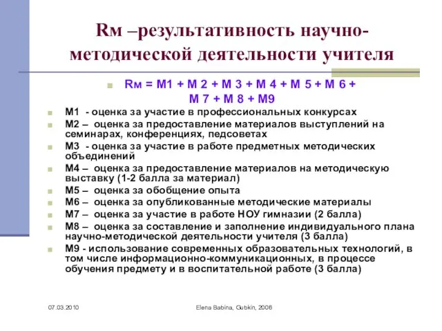 07.03.2010 Elena Babina, Gubkin, 2006 Rм –результативность научно-методической деятельности учителя Rм =