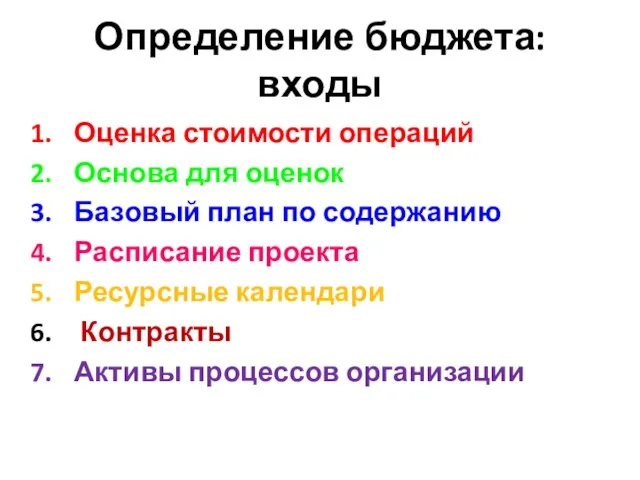 Определение бюджета: входы Оценка стоимости операций Основа для оценок Базовый план по