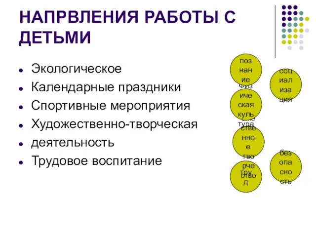 НАПРВЛЕНИЯ РАБОТЫ С ДЕТЬМИ Экологическое Календарные праздники Спортивные мероприятия Художественно-творческая деятельность Трудовое