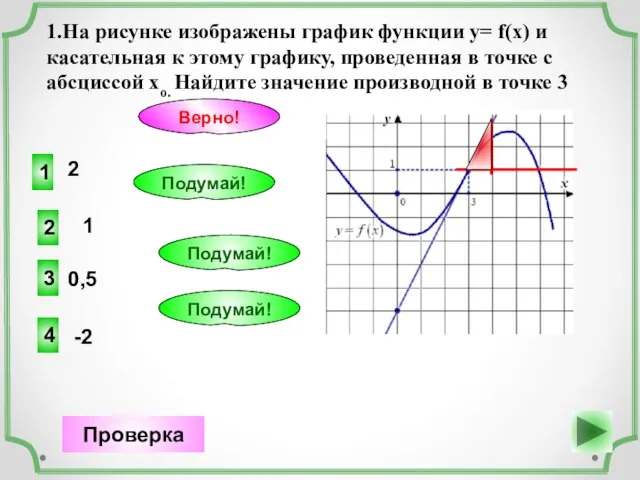 2 1 Верно! Проверка 1 2 Подумай! 0,5 3 Подумай! -2 4