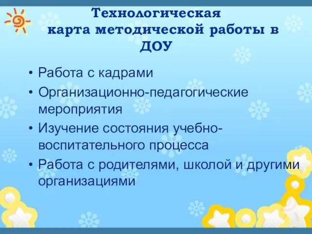 Технологическая карта методической работы в ДОУ Работа с кадрами Организационно-педагогические мероприятия Изучение