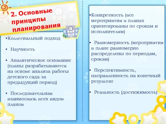 Положение о планировании в ДОУ Общие положения Основные принципы планирования Основные цели