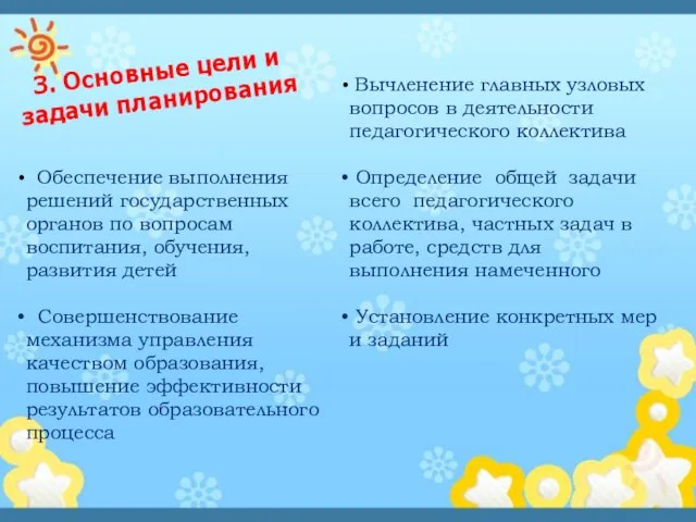 3. Основные цели и задачи планирования Обеспечение выполнения решений государственных органов по