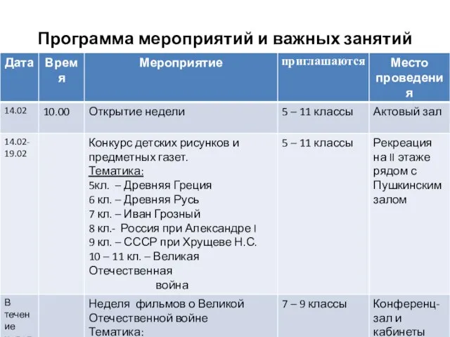 Программа мероприятий и важных занятий