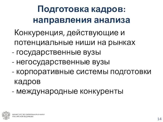 Подготовка кадров: направления анализа Конкуренция, действующие и потенциальные ниши на рынках государственные