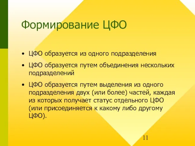 Формирование ЦФО ЦФО образуется из одного подразделения ЦФО образуется путем объединения нескольких