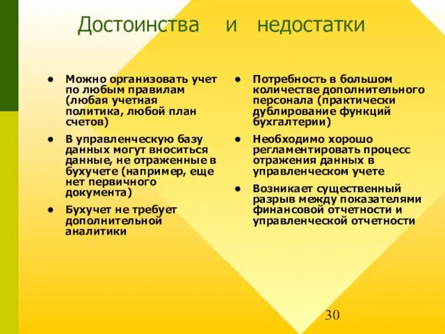 Достоинства и недостатки Можно организовать учет по любым правилам (любая учетная политика,