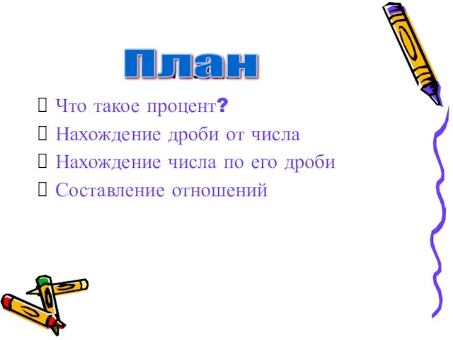 План Что такое процент? Нахождение дроби от числа Нахождение числа по его дроби Составление отношений План