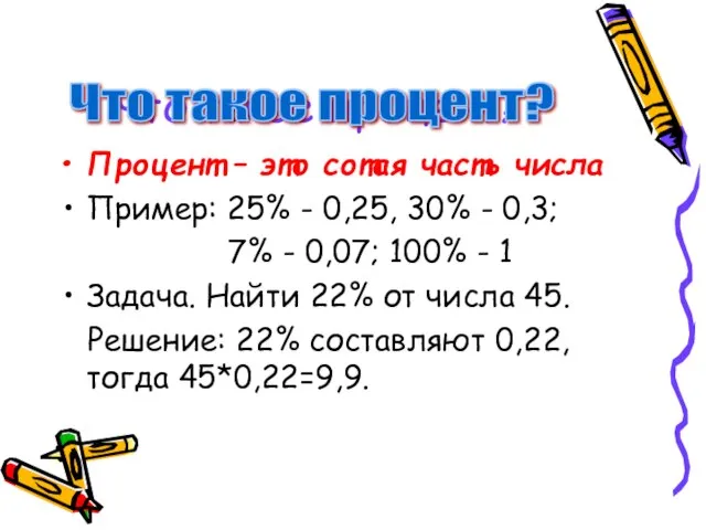 Что такое процент? Процент – это сотая часть числа Пример: 25% -