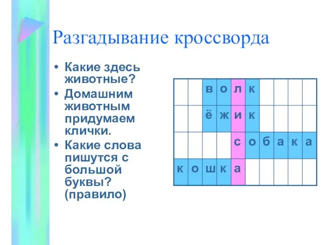 Разгадывание кроссворда Какие здесь животные? Домашним животным придумаем клички. Какие слова пишутся с большой буквы? (правило)