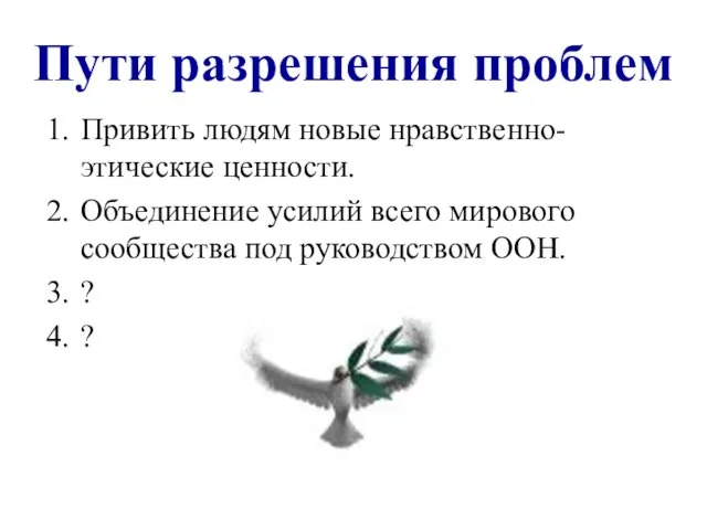 Пути разрешения проблем Привить людям новые нравственно-этические ценности. Объединение усилий всего мирового