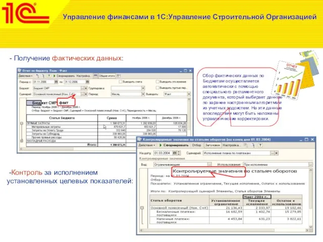 Управление финансами в 1С:Управление Строительной Организацией - Получение фактических данных: -Контроль за