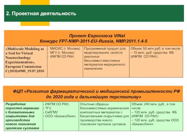 2. Проектная деятельность Проект Евросоюза ViNat Конкурс FP7-NMP-2011-EU-Russia, NMP.2011.1.4-5 ФЦП «Развитие фармацевтической