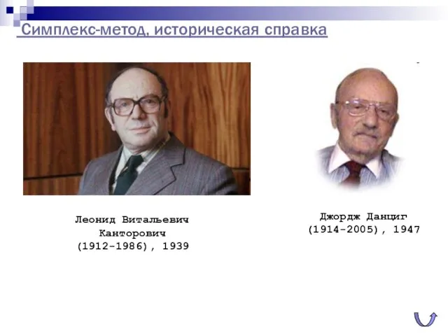 Симплекс-метод, историческая справка Джордж Данциг (1914-2005), 1947 Леонид Витальевич Канторович (1912-1986), 1939