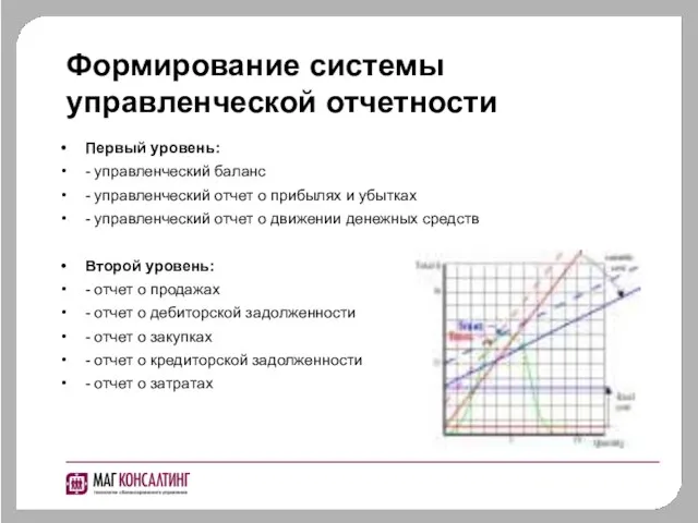 Формирование системы управленческой отчетности Первый уровень: - управленческий баланс - управленческий отчет