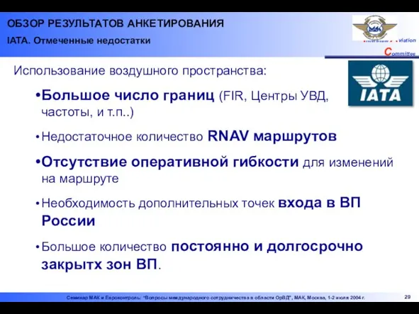 ОБЗОР РЕЗУЛЬТАТОВ АНКЕТИРОВАНИЯ IATA. Отмеченные недостатки Использование воздушного пространства: Большое число границ