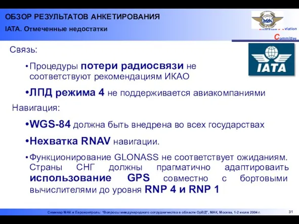 ОБЗОР РЕЗУЛЬТАТОВ АНКЕТИРОВАНИЯ IATA. Отмеченные недостатки Связь: Процедуры потери радиосвязи не соответствуют