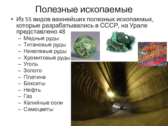 Полезные ископаемые Из 55 видов важнейших полезных ископаемых, которые разрабатывались в СССР,