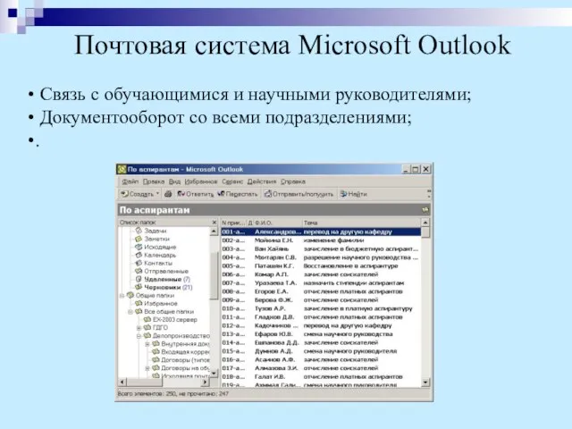 Связь с обучающимися и научными руководителями; Документооборот со всеми подразделениями; . Почтовая система Microsoft Outlook