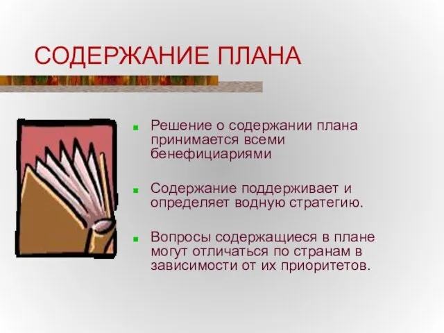 СОДЕРЖАНИЕ ПЛАНА Решение о содержании плана принимается всеми бенефициариями Содержание поддерживает и