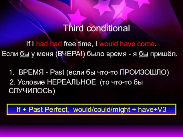 Third conditional If I had had free time, I would have come.
