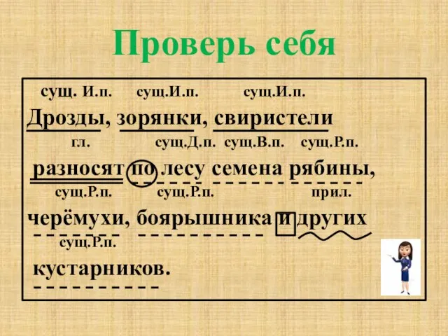 Проверь себя сущ. И.п. сущ.И.п. сущ.И.п. Дрозды, зорянки, свиристели гл. сущ.Д.п. сущ.В.п.