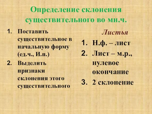 Определение склонения существительного во мн.ч. Поставить существительное в начальную форму (ед.ч., И.п.)