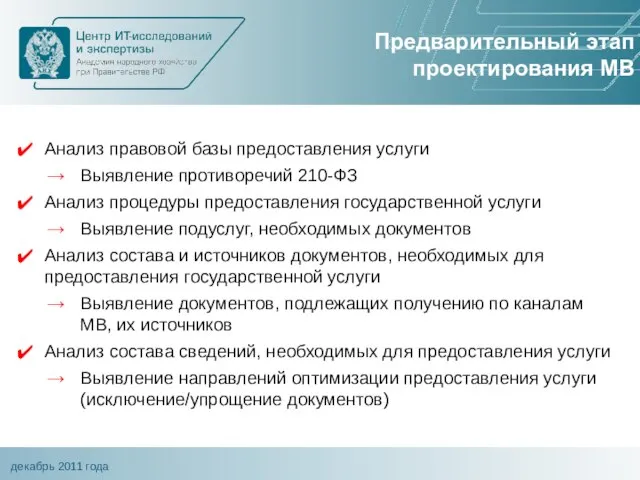 Предварительный этап проектирования МВ Анализ правовой базы предоставления услуги Выявление противоречий 210-ФЗ