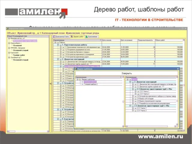 Дерево работ, шаблоны работ Формирование календарных планов работ с возможностью создания любой